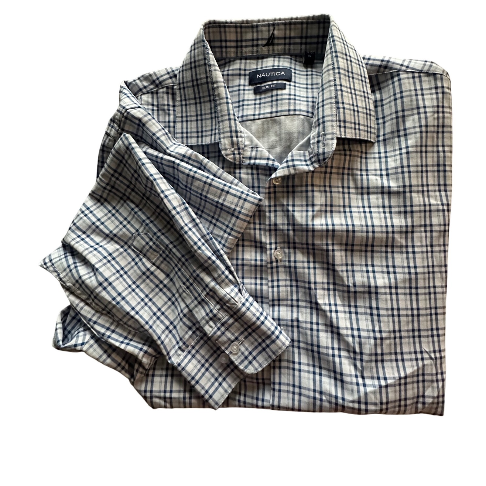 Nautica Mens Slim Fit Plaid Button Down Shirt Xl Blue White Collared Casual